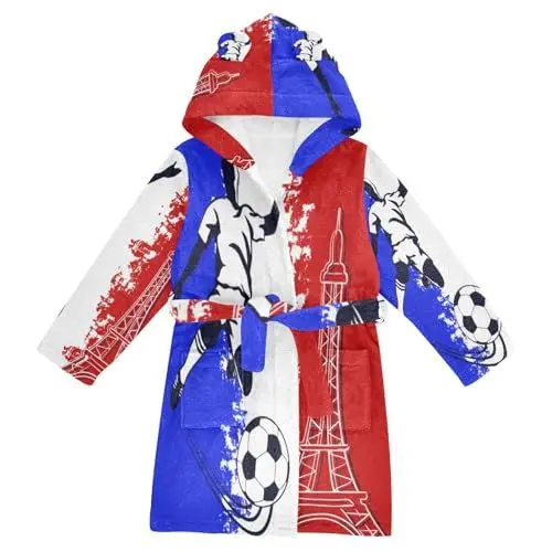 Produktbild: YOUJUNER Kinder Bademantel Frankreich-Flaggen-Eiffelturm-Fußball Morgenmantel Weicher Warm Plüsch Fleece Nachtwäsche mit Kapuze für Mädchen Jungen