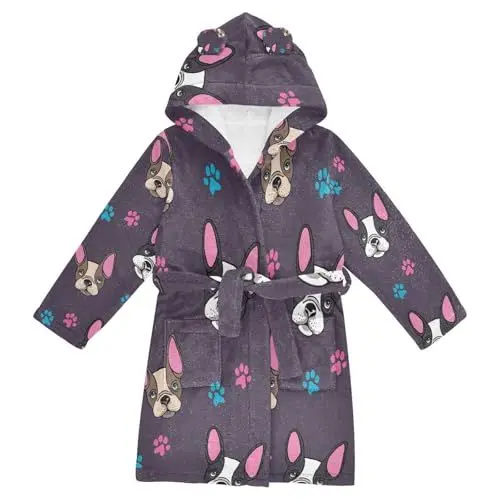 Produktbild: YOUJUNER Kinder Bademantel Französische Bulldogge Morgenmantel Weicher Warm Plüsch Fleece Nachtwäsche mit Kapuze für Mädchen Jungen
