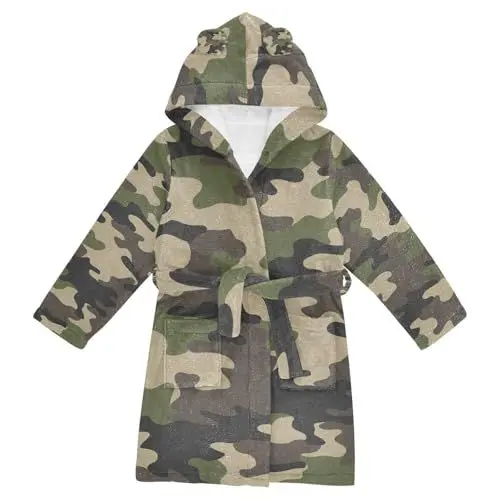 Produktbild: YOUJUNER Kinder Bademantel Grüne Tarnung Morgenmantel Weicher Warm Plüsch Fleece Nachtwäsche mit Kapuze für Mädchen Jungen