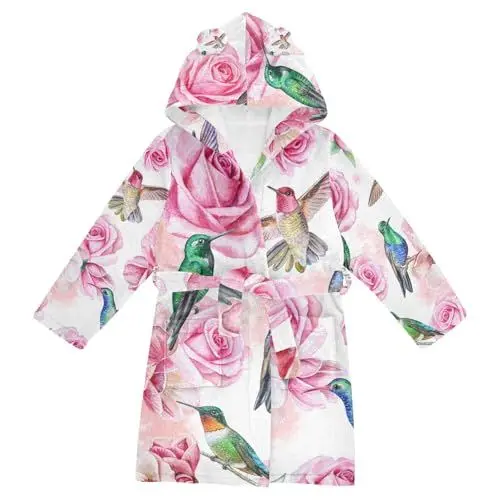 Produktbild: YOUJUNER Kinder Bademantel Kolibri-Vogel-Blumen-Rose Morgenmantel Weicher Warm Plüsch Fleece Nachtwäsche mit Kapuze für Mädchen Jungen