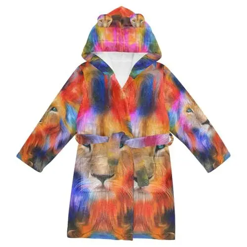 Produktbild: YOUJUNER Kinder Bademantel Nebel Buntes Löwengesicht Morgenmantel Weicher Warm Plüsch Fleece Nachtwäsche mit Kapuze für Mädchen Jungen
