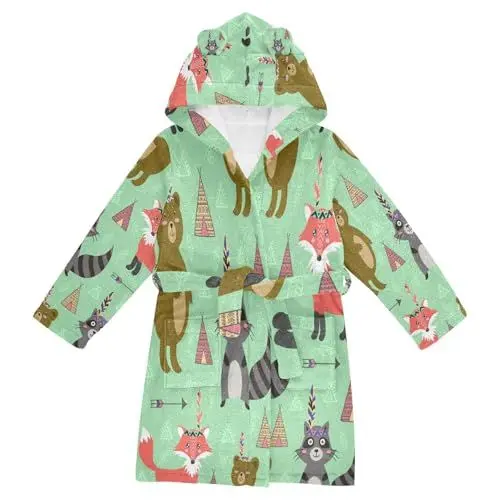 Produktbild: YOUJUNER Kinder Bademantel Nette Stammes-Tiere Morgenmantel Weicher Warm Plüsch Fleece Nachtwäsche mit Kapuze für Mädchen Jungen