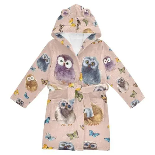 Produktbild: YOUJUNER Kinder Bademantel Nettes Eulen-Schmetterlings-Muster Morgenmantel Weicher Warm Plüsch Fleece Nachtwäsche mit Kapuze für Mädchen Jungen