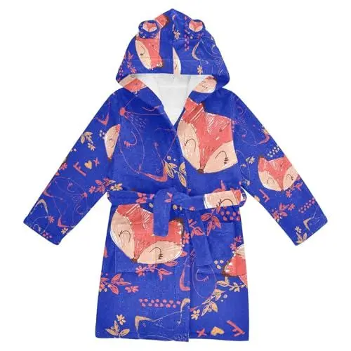 Produktbild: YOUJUNER Kinder Bademantel Nettes Fox-Gesichts-Muster Morgenmantel Weicher Warm Plüsch Fleece Nachtwäsche mit Kapuze für Mädchen Jungen