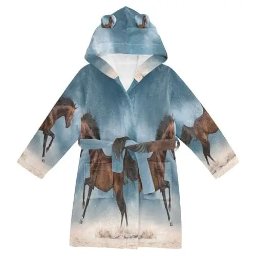 Produktbild: YOUJUNER Kinder Bademantel Pferd Morgenmantel Weicher Warm Plüsch Fleece Nachtwäsche mit Kapuze für Mädchen Jungen