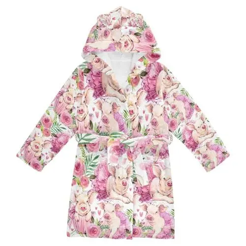 Produktbild: YOUJUNER Kinder Bademantel Rosa Blumen-Schwein-Muster Morgenmantel Weicher Warm Plüsch Fleece Nachtwäsche mit Kapuze für Mädchen Jungen
