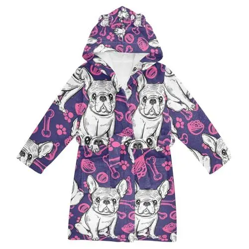 Produktbild: YOUJUNER Kinder Bademantel Süße Hund Französische Bulldogge Morgenmantel Weicher Warm Plüsch Fleece Nachtwäsche mit Kapuze für Mädchen Jungen