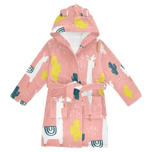 Produktbild: YOUJUNER Kinder Bademantel Süße Lama-Kaktus Morgenmantel Weicher Warm Plüsch Fleece Nachtwäsche mit Kapuze für Mädchen Jungen