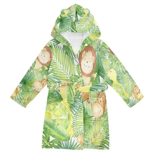 Produktbild: YOUJUNER Kinder Bademantel Tropische Tierpalmenblätter Morgenmantel Weicher Warm Plüsch Fleece Nachtwäsche mit Kapuze für Mädchen Jungen