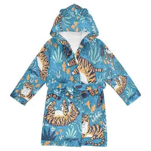 Produktbild: YOUJUNER Kinder Bademantel süße Tiger-Druck Morgenmantel Weicher Warm Plüsch Fleece Nachtwäsche mit Kapuze für Mädchen Jungen