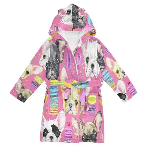 Produktbild: YOUJUNER Kinder Bademantel süßes Französischer Bulldoggenhund Morgenmantel Weicher Warm Plüsch Fleece Nachtwäsche mit Kapuze für Mädchen Jungen