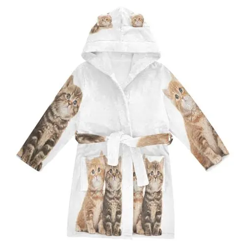 Produktbild: YOUJUNER Kinder Bademantel süßes Katze-Druck Morgenmantel Weicher Warm Plüsch Fleece Nachtwäsche mit Kapuze für Mädchen Jungen