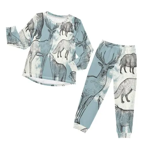 Produktbild: YOUJUNER Kinder Schlafanzug Set Hirsch Wolf Fuchs Bär Pyjama Langarm Nachtwäsche Zweiteilig Schlafanzüge Set für Jungen Mädchen