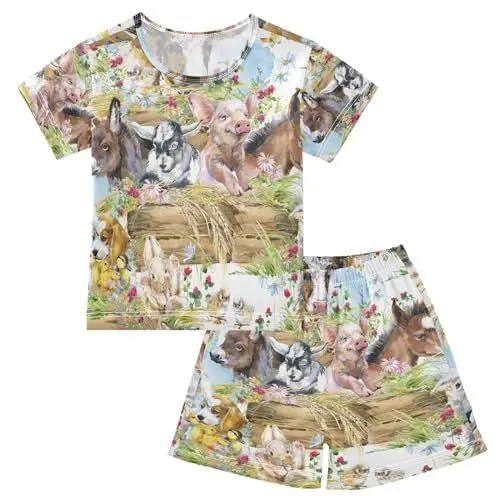 Produktbild: YOUJUNER Kinder Schlafanzug kurz Bauernhöfe Tier Pferd Schwein Schaf Mädchen Pyjamaset Sommer Shorty Kleidung Zweiteiliger Baumwolle Nachtwäsche