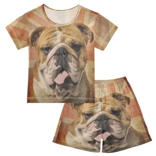 Produktbild: YOUJUNER Kinder Schlafanzug kurz Bulldogge mit britischer Flagge Mädchen Pyjamaset Sommer Shorty Kleidung Zweiteiliger Baumwolle Nachtwäsche