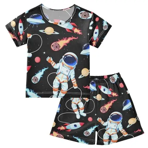 Produktbild: YOUJUNER Kinder Schlafanzug kurz Cartoon-Astronauten-Rakete Mädchen Pyjamaset Sommer Shorty Kleidung Zweiteiliger Baumwolle Nachtwäsche