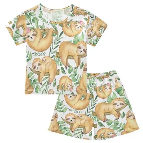 Produktbild: YOUJUNER Kinder Schlafanzug kurz Nettes Faultier Mädchen Pyjamaset Sommer Shorty Kleidung Zweiteiliger Baumwolle Nachtwäsche