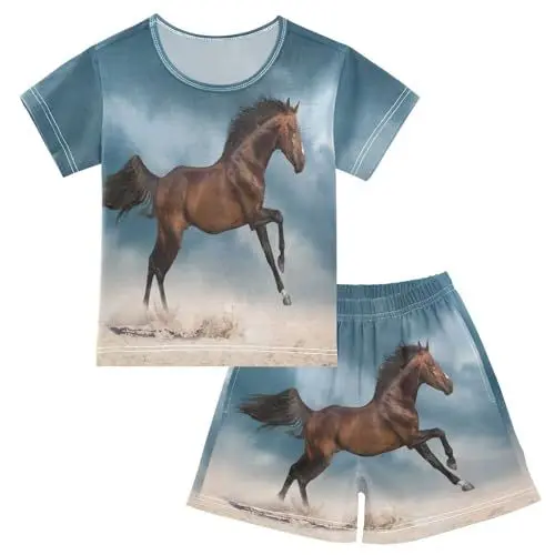 Produktbild: YOUJUNER Kinder Schlafanzug kurz Pferd Mädchen Pyjamaset Sommer Shorty Kleidung Zweiteiliger Baumwolle Nachtwäsche