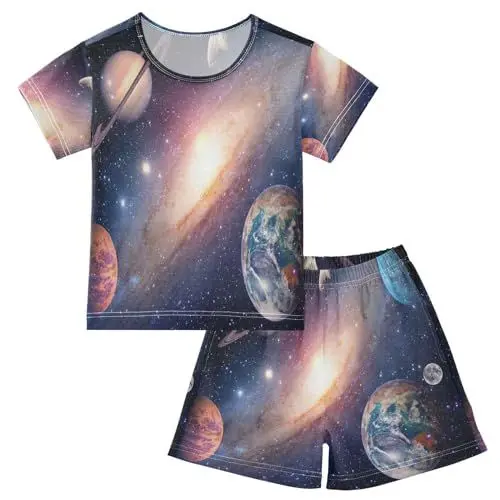 Produktbild: YOUJUNER Kinder Schlafanzug kurz Planet Erde Mädchen Pyjamaset Sommer Shorty Kleidung Zweiteiliger Baumwolle Nachtwäsche