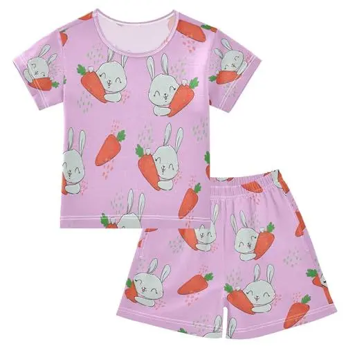 Produktbild: Kinder Schlafanzug kurz Süße Häschen-Karotten-Kaninchen Mädchen Pyjamaset Sommer Shorty Kleidung Zweiteiliger Baumwolle Nachtwäsche