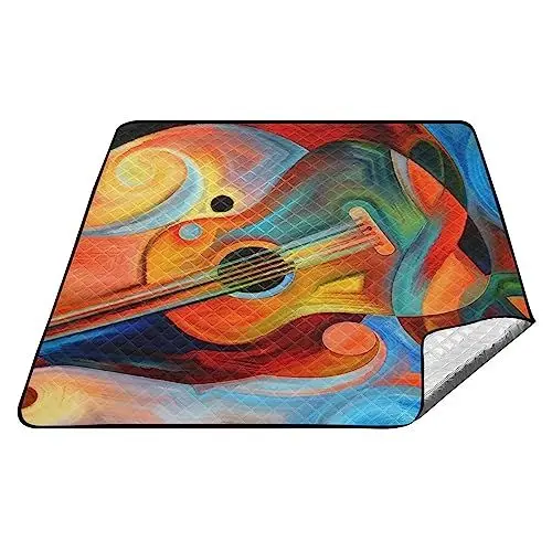 Produktbild: YOUJUNER Picknickdecke 200x200cm, Abstrakte Musik-Gitarren-Violine groß wasserdicht Campingdecke faltbar Strandmatte Picknick-Matte für Park, Garten, Strand Outdoor