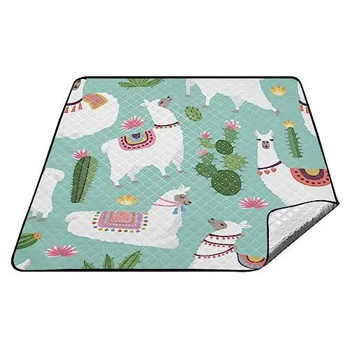 Produktbild: YOUJUNER Picknickdecke 200x200cm, Cartoon-Lama-Kaktus groß wasserdicht Campingdecke faltbar Strandmatte Picknick-Matte für Park, Garten, Strand Outdoor