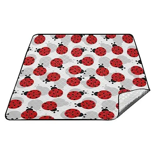 Produktbild: YOUJUNER Picknickdecke 200x200cm, Marienkäfer-Muster groß wasserdicht Campingdecke faltbar Strandmatte Picknick-Matte für Park, Garten, Strand Outdoor