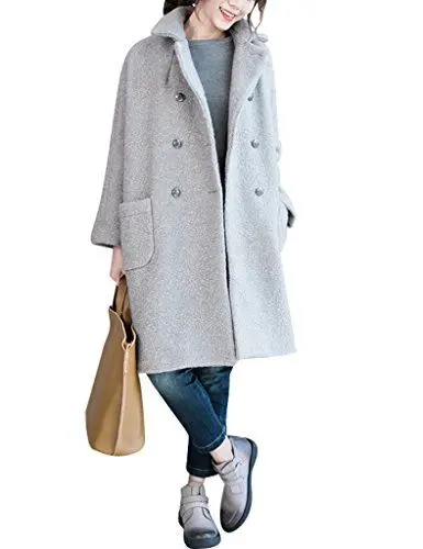Produktbild: Youlee Damen Winter Falten Kragen zweireihigen Mantel Wollmantel Grau XL