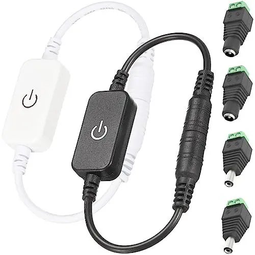 Produktbild: Youmile 2 Stück LED Strip Dimmer Switch, DC 12 V–24 V, LED-Touch-Inline-Dimmer, Taktschalter-Controller, Schwarz und Weiß, mit DC-Stecker und -Buchse für einfarbige emittierende Diodenstreifen