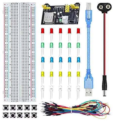 Produktbild: Youmile Breadboards Starter Kit für Arduino mit 830-Punkt-Breadboard, Breadboard-Stromversorgungsmodul, Jump Wire, mehrfarbiger LED-Diode, taktilem Schalter, USB-Kabel