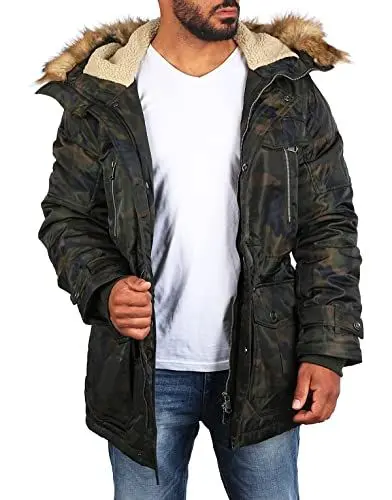 Produktbild: Young & Rich Herren Camouflage Parka Winter Jacke Kapuze mit Kunstfell Tarn Militär Optik Look Warm gefüttert JK-457, Grösse:L, Farbe:Camouflage