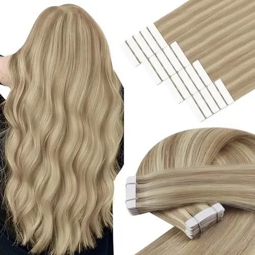 Produktbild: YoungSee Tape Extensions Echthaar Blond 30 cm Echthaar Extensions Tape Blond Kurz Tape in Extensions Echthaar Goldblond mit Mittelblond Tapes Haarextension Glatt fur Damen 30g #16/22
