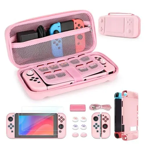 Produktbild: Younik 14-in-1 Switch Zubehör Bundle, Große Tragetasche für Switch 2017, Switch-Reisekoffer passend für Konsole, J-con-Griff, Netzteil und Schutzzubehö (Rosa, Knopf Typ）