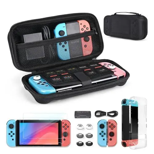 Produktbild: Younik 14-in-1 Switch Zubehör Bundle, Große Tragetasche für Switch 2017, Switch-Reisekoffer passend für Konsole, J-con-Griff, Netzteil und Schutzzubehör (Schwarz, Knopf Typ）
