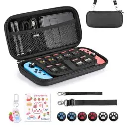 Produktbild: Younik Switch Tasche Kompatibel mit NS Switch/Switch OLED, 11 in 1 Switch Zubehör Kit Enthalten Switch Tragetasche, Daumen Kappen, Niedliche Aufkleber und Anhänger（ Schwarz ）
