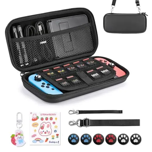 Produktbild: Younik Switch Tasche Kompatibel mit NS Switch/Switch OLED, 11 in 1 Switch Zubehör Kit Enthalten Switch Tragetasche, Daumen Kappen, Niedliche Aufkleber und Anhänger（ Schwarz ）