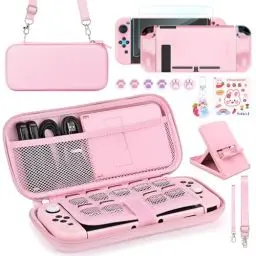 Produktbild: Younik Switch Zubehör Bundle, 17 in 1 Pink Switch Zubehör Kit für Mädchen Enthalten Switch Tasche, Verstellbarer Ständer, Schutzhülle für Switch Konsole & J-Con(Hellrosa)