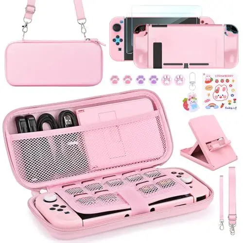 Produktbild: Younik Switch Zubehör Bundle, 17 in 1 Pink Switch Zubehör Kit für Mädchen Enthalten Switch Tasche, Verstellbarer Ständer, Schutzhülle für Switch Konsole & J-Con(Hellrosa)