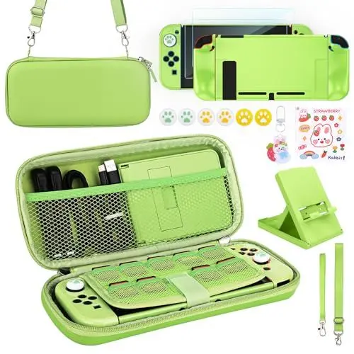 Produktbild: Younik Switch Zubehör Bundle, 17 in 1 Switch Zubehör Kit für Mädchen Enthalten Switch Tasche, Verstellbarer Ständer, Schutzhülle für Switch Konsole & J-Con(Grün)