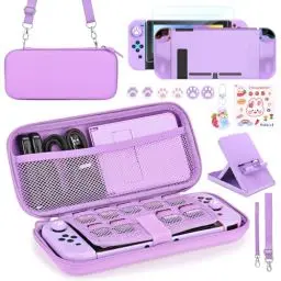 Produktbild: Younik Switch Zubehör Bundle, 17 in 1 Switch Zubehör Kit für Mädchen Enthalten Switch Tasche, Verstellbarer Ständer, Schutzhülle für Switch Konsole & J-Con(Lila)