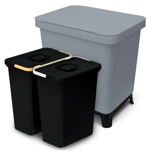 Produktbild: YourCasa Mülleimer Küche 2 Fächer (20L) im exklusiven Design - Mülltrennsystem mit Deckel und Fuß - Abfalleimer groß mit 2x10L herausnehmbaren Eimern Küchenabfalleimer recycling (Grau, 20 Liter)