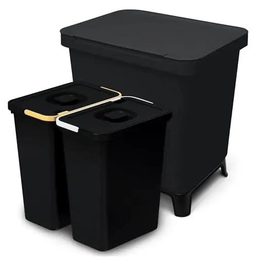 Produktbild: YourCasa Mülleimer Küche 2 Fächer (20L) im exklusiven Design - Mülltrennsystem mit Deckel und Fuß - Abfalleimer groß mit 2x10L herausnehmbaren Eimern Küchenabfalleimer recycling (Schwarz, 20 Liter)