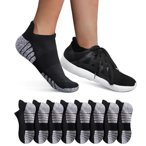 Produktbild: YouShow 8 Paar Sneaker Socken Damen Herren Sportsocken Laufsocken Atmungsaktiv Baumwolle Gepolsterte Kurze Halbsocken Schwarz 39-42