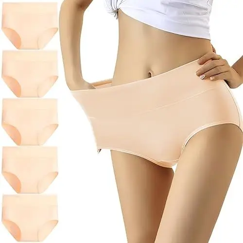 Produktbild: YouShow Unterhosen Damen 5er Pack Baumwolle Hohe Taille Unterwäsche Slip Stretchanteil(Beige,L)