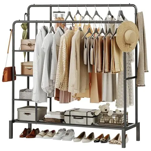 Produktbild: YOUTHCLUB Verbreiterter Kleiderständer, 120x164cm Kleiderstange für das Schlafzimmer mit 4 Haken, 3 Seitlichen Regalen und 1 unterem Regal zur Aufbewahrung von Schuhen und Kleidung, Schwarz