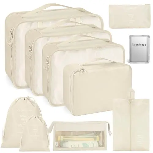 Produktbild: Youufangg Koffer Organizer Set 10-teilig, Packing Cubes, Wasserdichte Reise Kleidertaschen, Packtaschen für koffer, Platzsparende Koffer Organizer Set mit 1 Paar Fußmaske, Fussmaske (Beige)