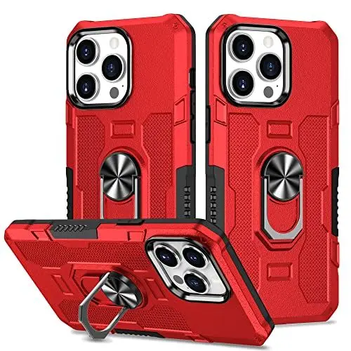 Produktbild: YOUULAR Hülle für iPhone 14 Plus Metall CD Muster Ringhalter Handyhülle, stoßfeste Anti Drop Schutzhülle für iPhone 14 Plus 6.7 Military Hüllen (Unterstützung der Autohalterung) Rot