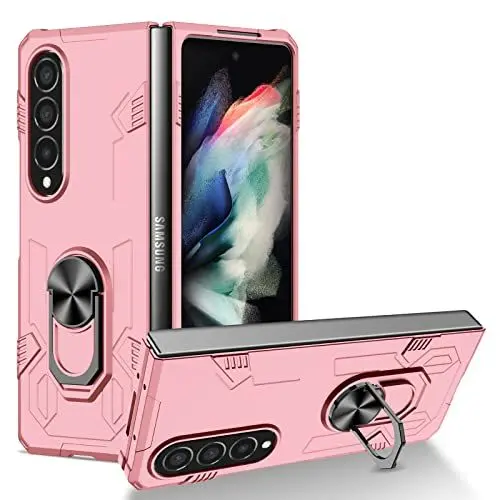 Produktbild: YOUULAR Klappbare Handyhülle für Samsung Galaxy Z Fold 4 5G Metallringhalter Hülle,(Unterstützung für Autohalterung) UV-ölige Sprühfarbe,stoßfeste Schutzhülle Samsung Z Fold4 Militär hüllen, Pink