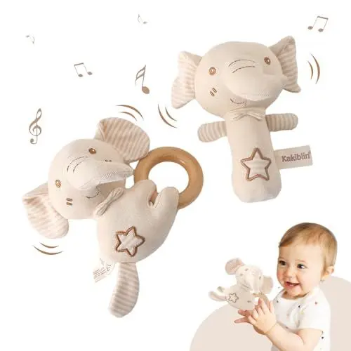 Produktbild: Youuys 2 Stück Rassel Baby, Babyspielzeug 0-6 Monate, Babyrassel mit Sound, Greifling Baby, Baby Rassel für Neugeborenes Junge und Mädchen Geschenk zur Geburt (Elefant)