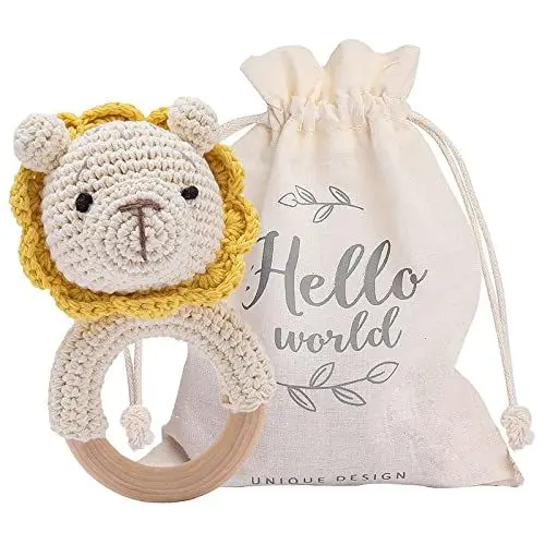 Produktbild: Youuys Gehäkelte Holz Tiere Greifling Rassel Mit Sound - Handmade für Neugeborene, Baby Geschenk für Jungen und Mädchen zur Geburt (Hase)